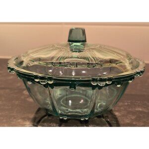 Vintage TurquoGlass Lidded Candy Dish With Decorative Beaded Edge & Knob Handle